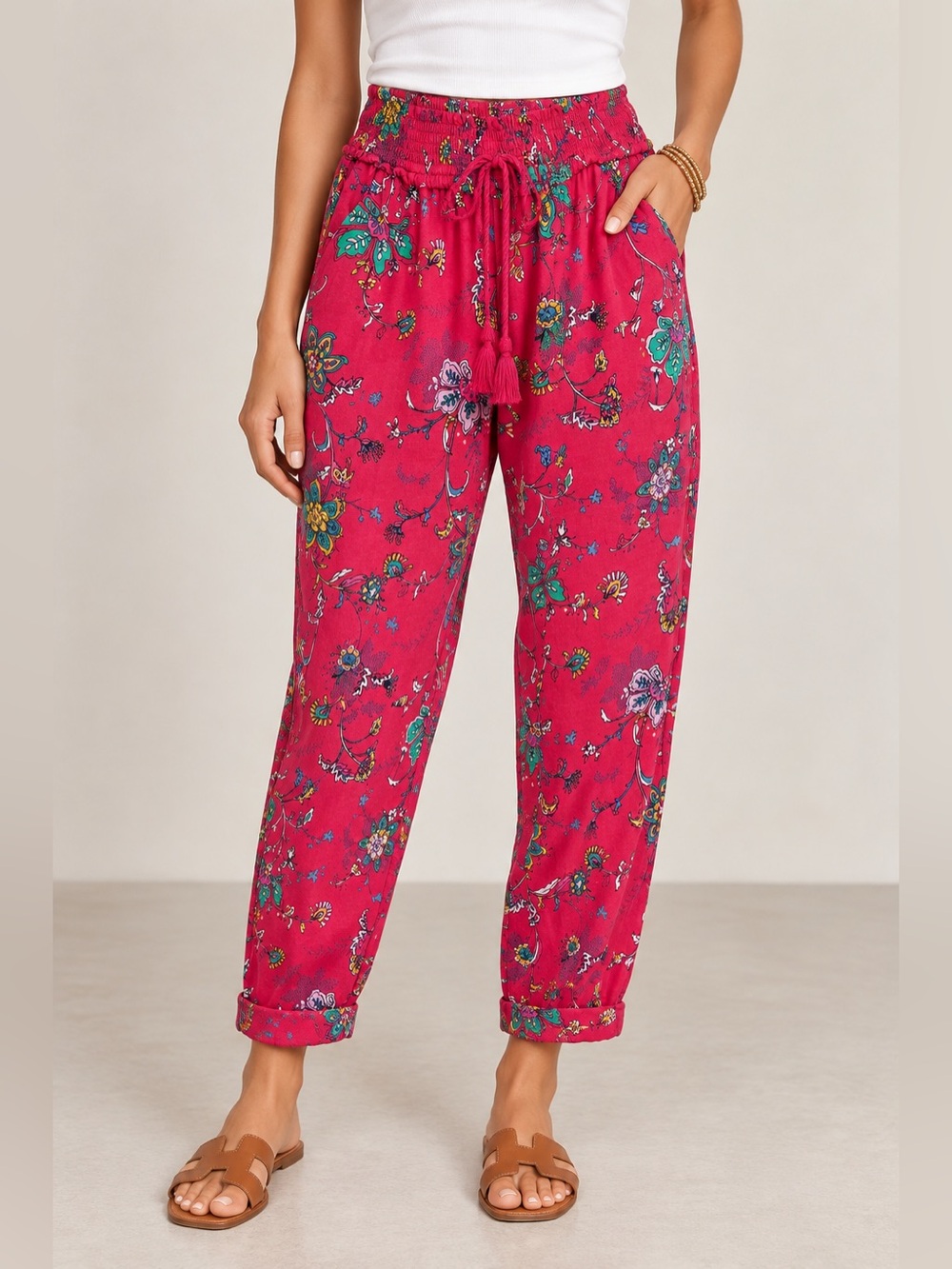 By Anthropologie Floral Smocked Waist Jogger Pants Pink Small